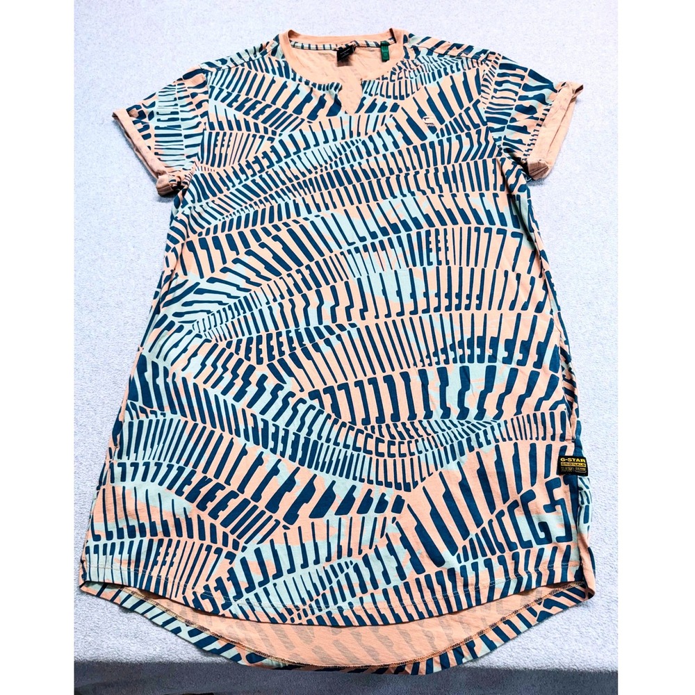 G-Star RAW Womens L Peach Teal Geometric Print Longline T Shirt Tunic Oversized